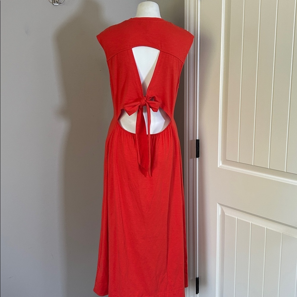 ME+EM Red Cut Out Back Midi Dress Organic Cotton Pockets Tie Back Sz 8 - Picture 9 of 16
